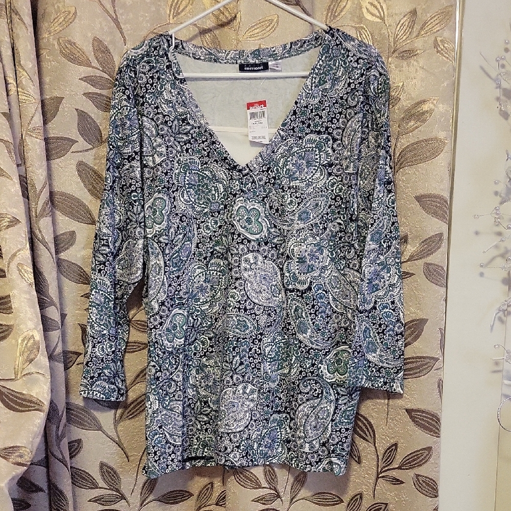 Basic Editions Teal and White Paisley Long Sleeve Top